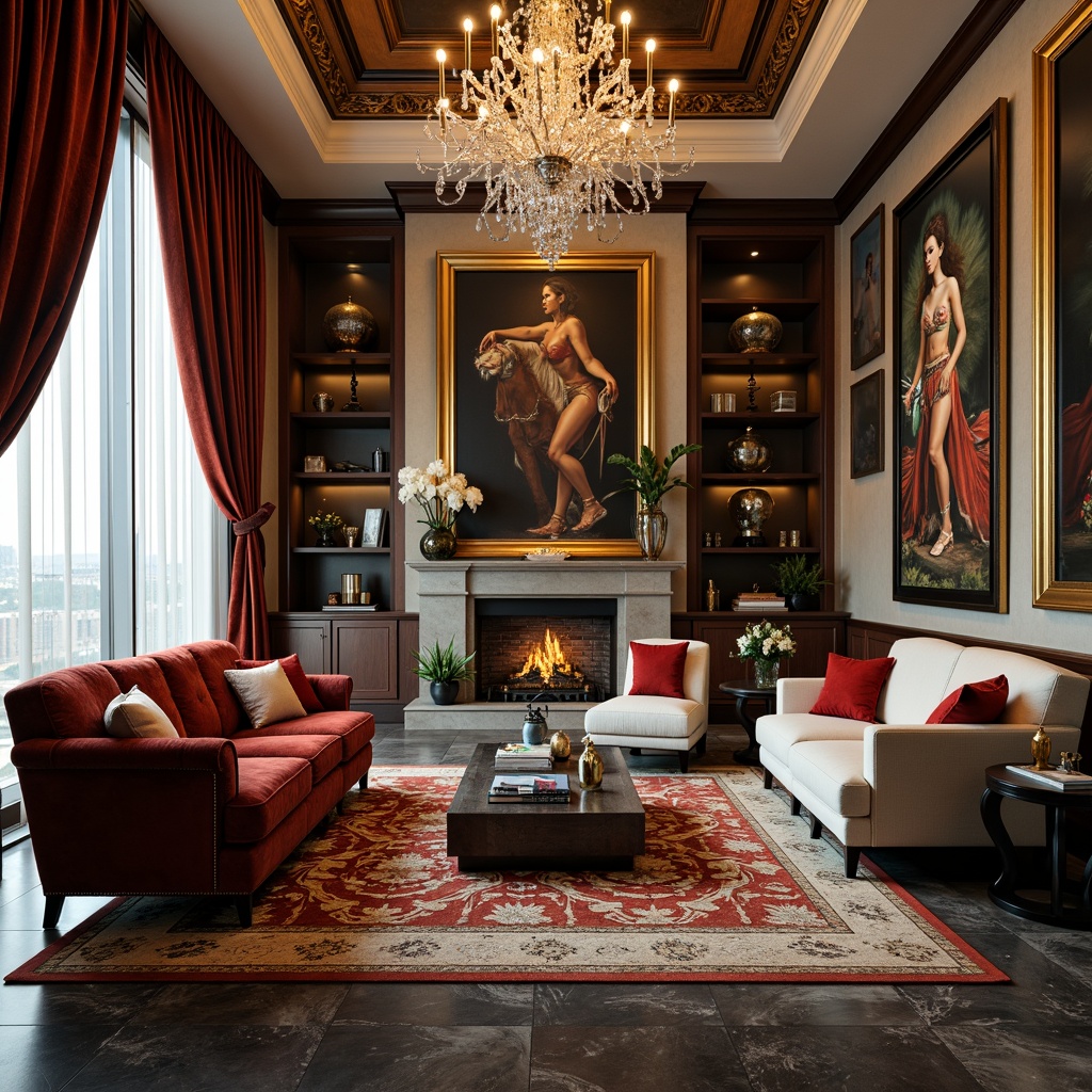 Prompt: Luxurious living room, lavish furniture, rich velvet fabrics, ornate golden frames, crystal chandeliers, marble floors, intricate patterns, bold color schemes, statement artwork, plush area rugs, floor-to-ceiling curtains, dramatic drapery, opulent textures, warm ambient lighting, shallow depth of field, 3/4 composition, realistic reflections, high-end finishes.