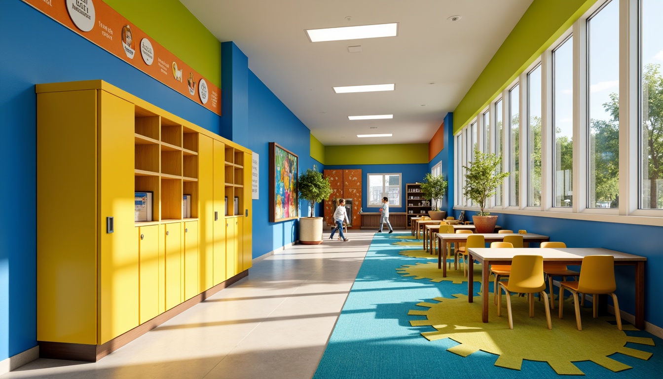 Prompt: Vibrant elementary school, playful corridors, bright yellow lockers, cheerful blue classrooms, stimulating green accents, fun orange patterns, inspirational quotes, educational posters, motivational murals, collaborative learning spaces, ergonomic furniture, natural wood tones, energetic color blocking, 1/1 composition, softbox lighting, shallow depth of field, realistic textures, ambient occlusion.