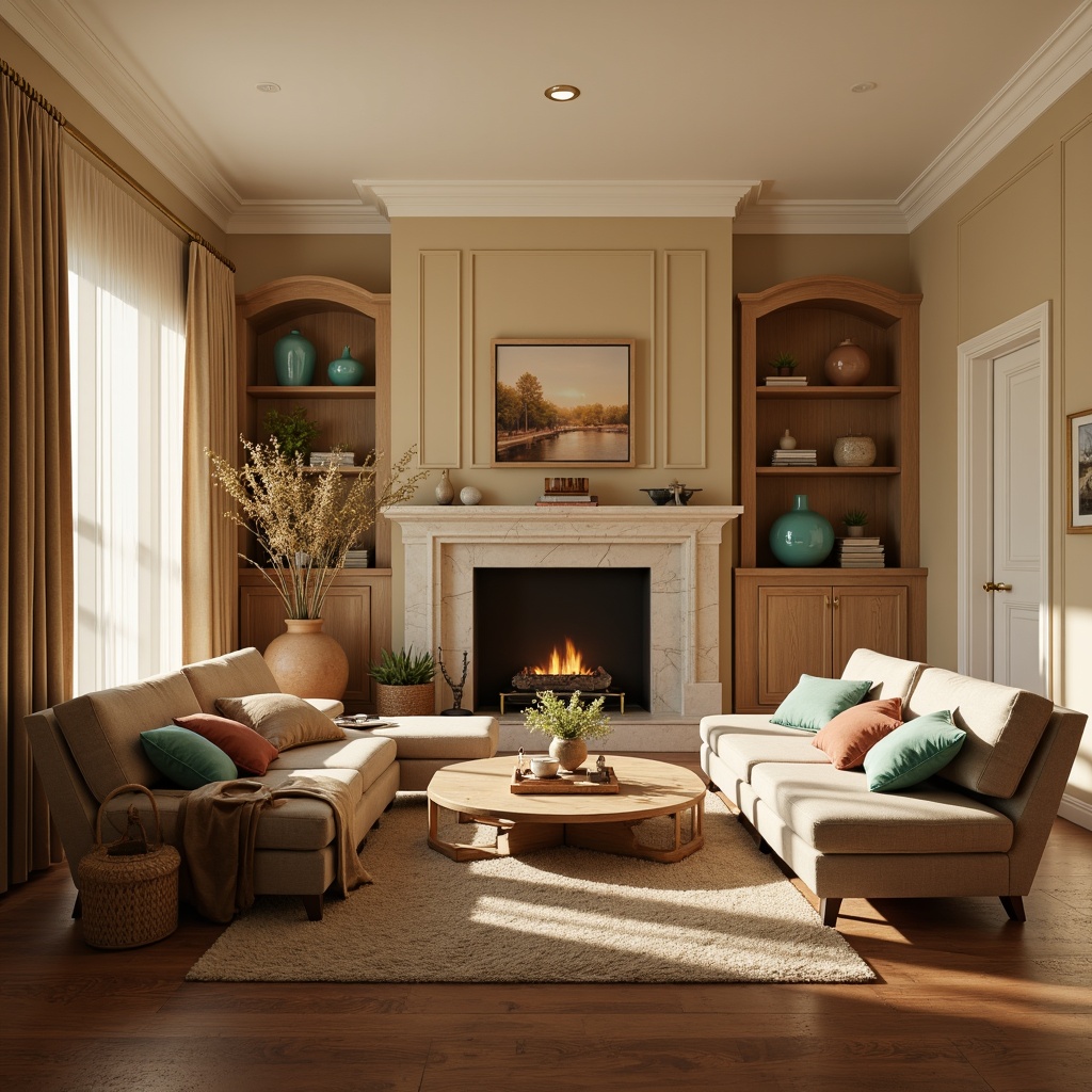 Prompt: Cozy living room, warm beige walls, rich walnut flooring, plush velvet furniture, soft golden lighting, natural stone fireplace, earthy terracotta vases, vibrant turquoise accents, creamy white trim, subtle texture contrasts, inviting atmosphere, comfortable seating areas, relaxing ambiance, warm neutral tones, elegant minimalist decor.