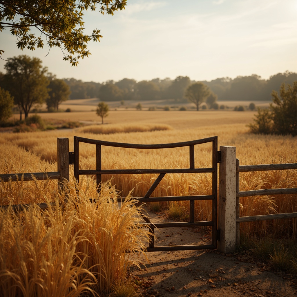 Prompt: Rustic wheat fields, golden harvest, earthy tones, warm bronze accents, natural textures, organic patterns, weathered wooden fences, vintage metal gates, sun-kissed landscape, soft warm lighting, shallow depth of field, 3/4 composition, panoramic view, realistic materials, ambient occlusion, earthy color palette, muted shades, warm neutrals, inviting atmosphere.