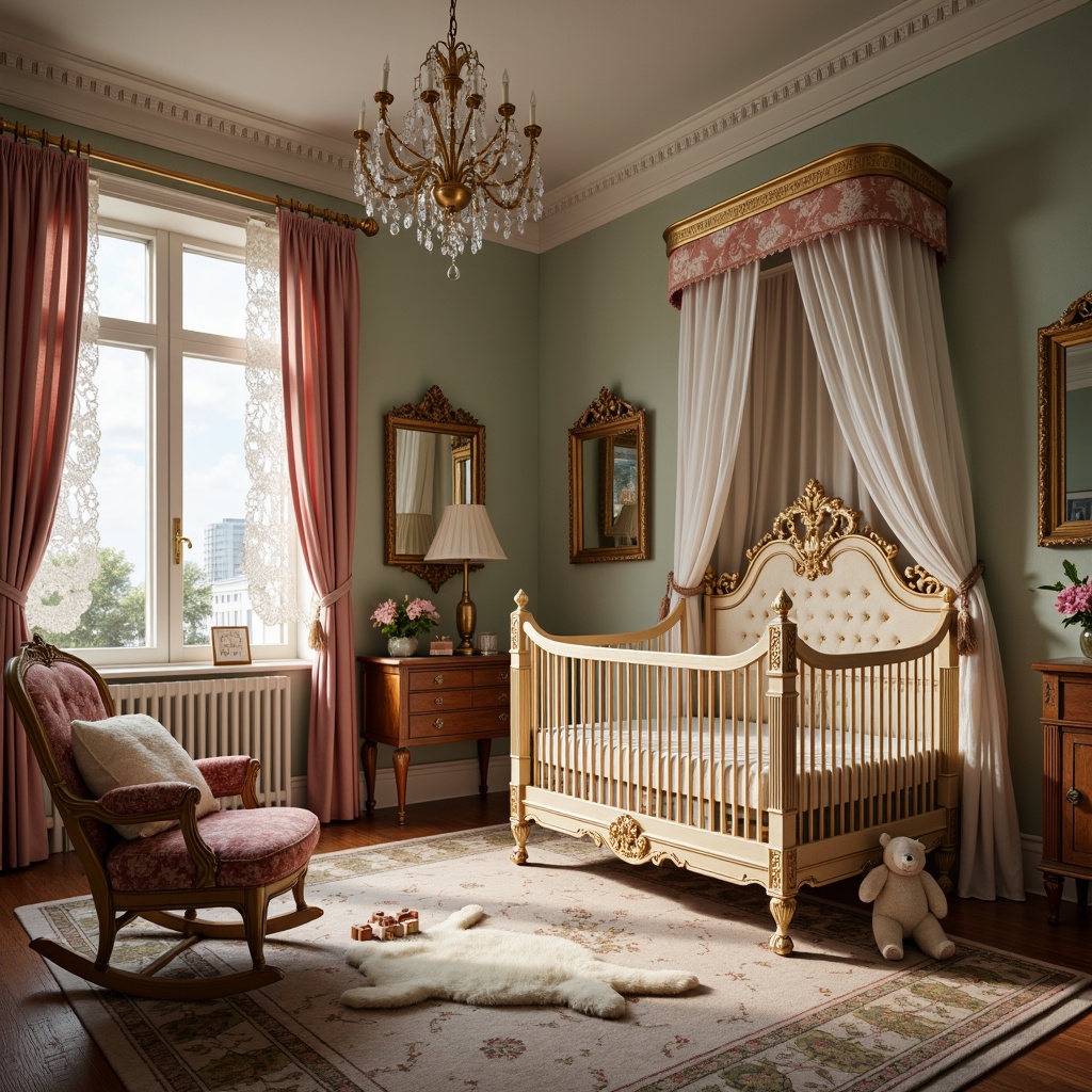 Prompt: Ornate crib, golden accents, velvet drapes, intricately carved wooden furniture, soft pastel colors, fluffy area rug, ornamental mirrors, crystal chandelier, delicate lace curtains, antique toys, vintage baby blocks, richly upholstered glider, luxurious fabrics, lavish tufting, intricate patterns, warm candlelight, cozy atmosphere, shallow depth of field, 1/1 composition, realistic textures, ambient occlusion.