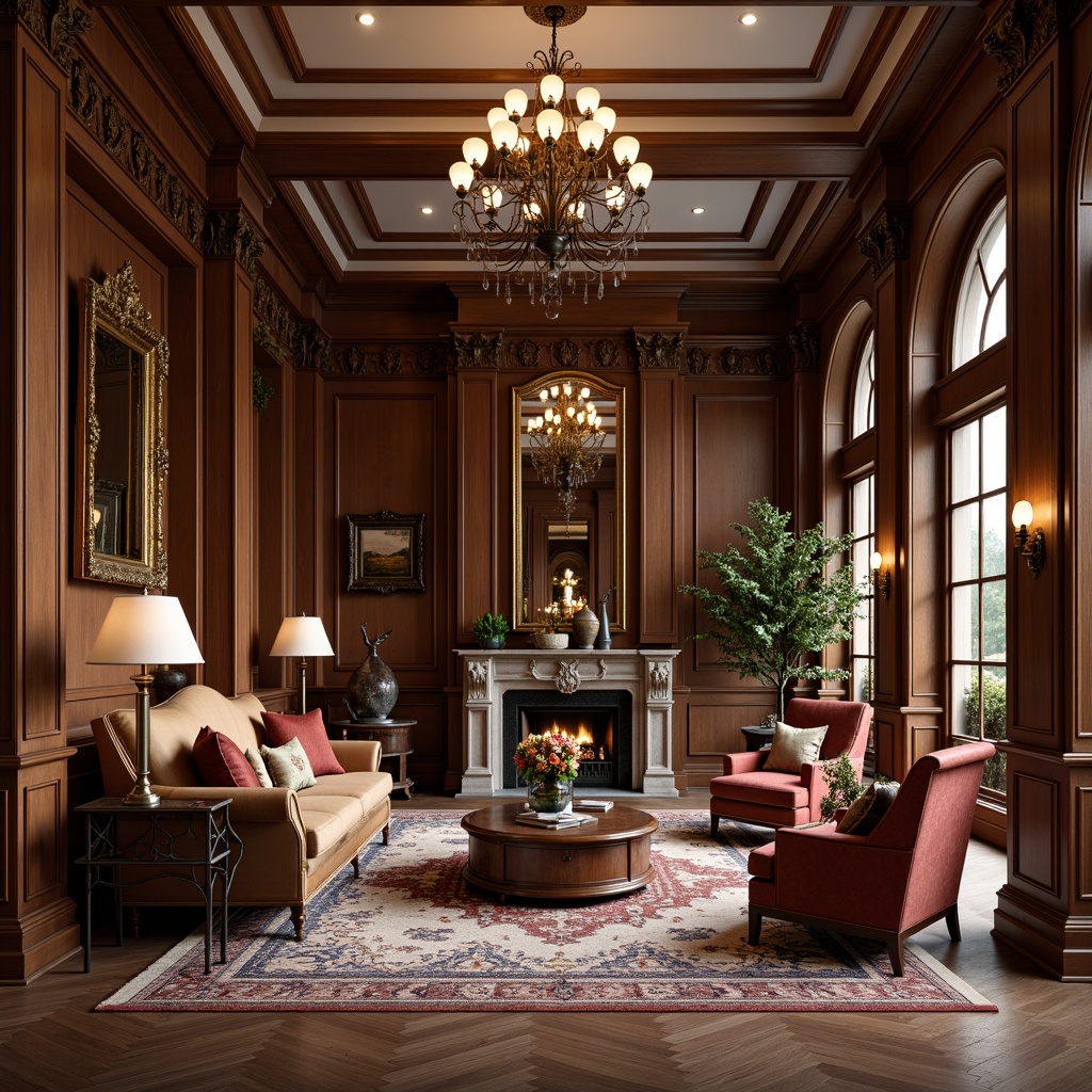 Prompt: Elegant neoclassical interior, rich wood tones, ornate carvings, velvet upholstery, antique bronze hardware, crystal chandeliers, marble floors, classical columns, intricately patterned rugs, luxurious fabrics, tufted sofas, wingback chairs, ornamental mirrors, gilded frames, subtle warm lighting, soft focus, 1/1 composition, symmetrical arrangement, realistic textures, ambient occlusion.