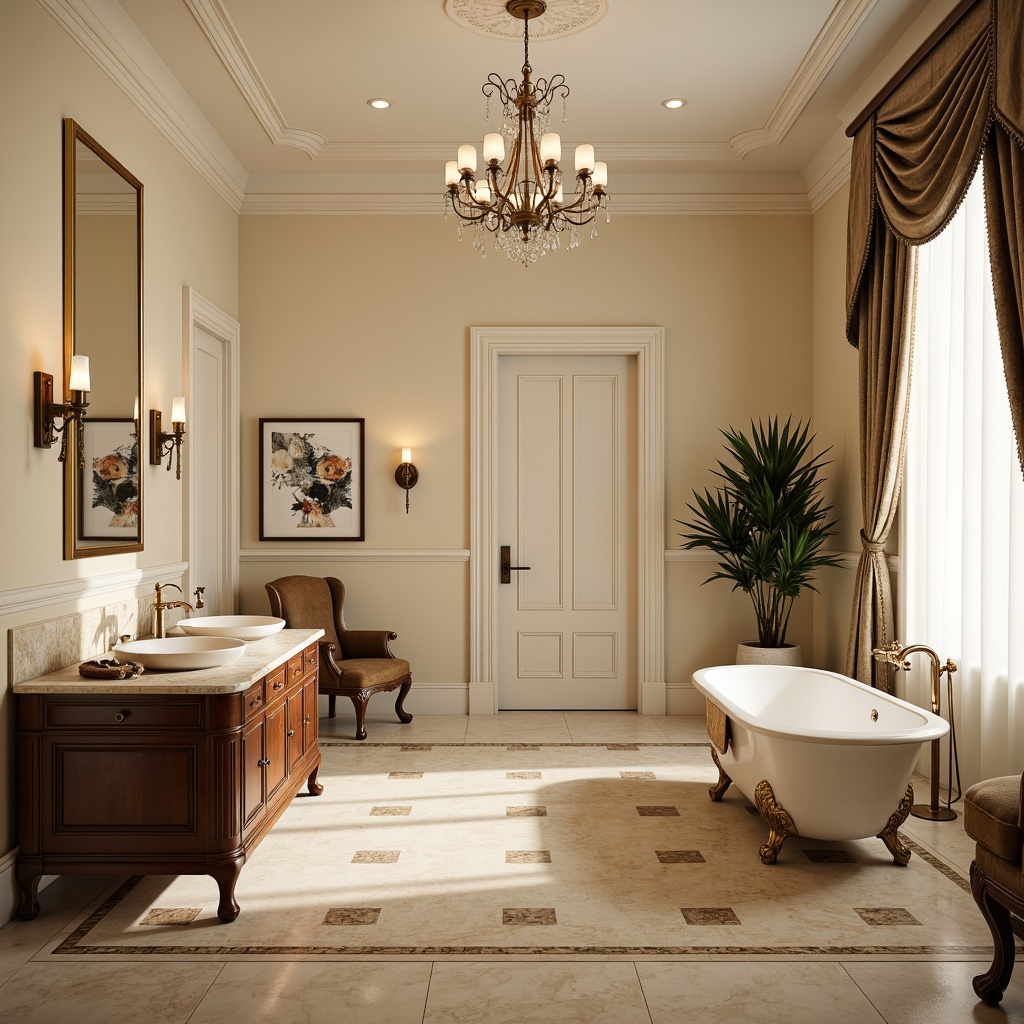 Prompt: Elegant bathroom, soft cream walls, warm beige floors, ornate golden fixtures, marble countertops, crystal chandeliers, lavish drapery, rich wood cabinetry, antique bronze faucets, porcelain sinks, freestanding tubs, luxurious velvet towels, natural stone accents, subtle mosaic patterns, warm ambient lighting, 1/2 composition, shallow depth of field, soft focus, realistic textures.