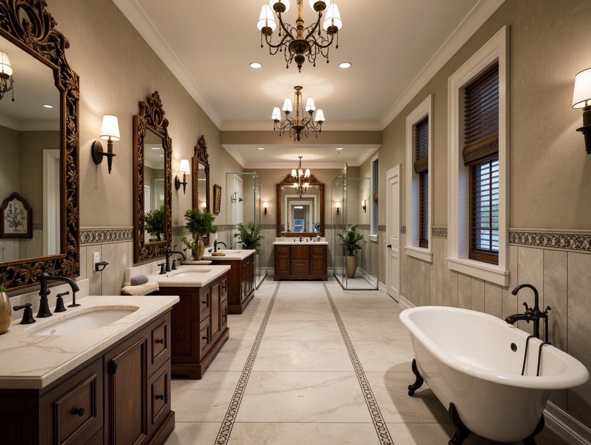 Prompt: Elegant bathroom, ornate mirrors, intricately carved wooden cabinets, white marble countertops, classic faucets, ornamental metalwork, luxurious chandeliers, soft warm lighting, subtle shadowing, realistic textures, ambient occlusion, freestanding tubs, separate walk-in showers, ceramic floor tiles, decorative wall borders, crown molding, Victorian-inspired furnishings, subtle color palette, natural stone accents, metallic hardware, lavish textiles, subtle sheen.