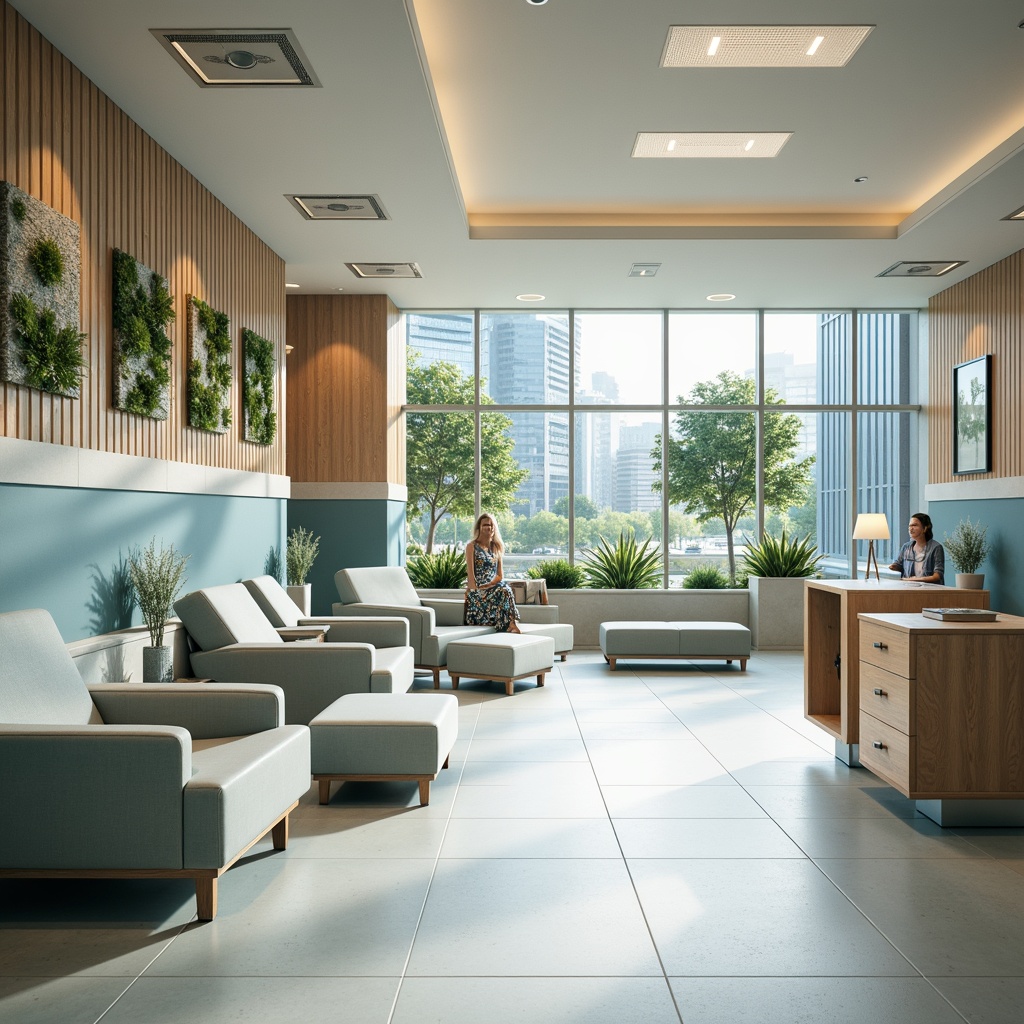 Prompt: \Calm hospital interior, soothing color scheme, muted blue tones, soft whites, creamy accents, natural wood textures, subtle patterns, gentle lighting, warm ambiance, comfortable waiting areas, modern medical equipment, sleek metal surfaces, minimalist decor, airy open spaces, greenery installations, calming art pieces, nature-inspired motifs, harmonious color transitions, 1/1 composition, shallow depth of field, soft focus, realistic rendering.\