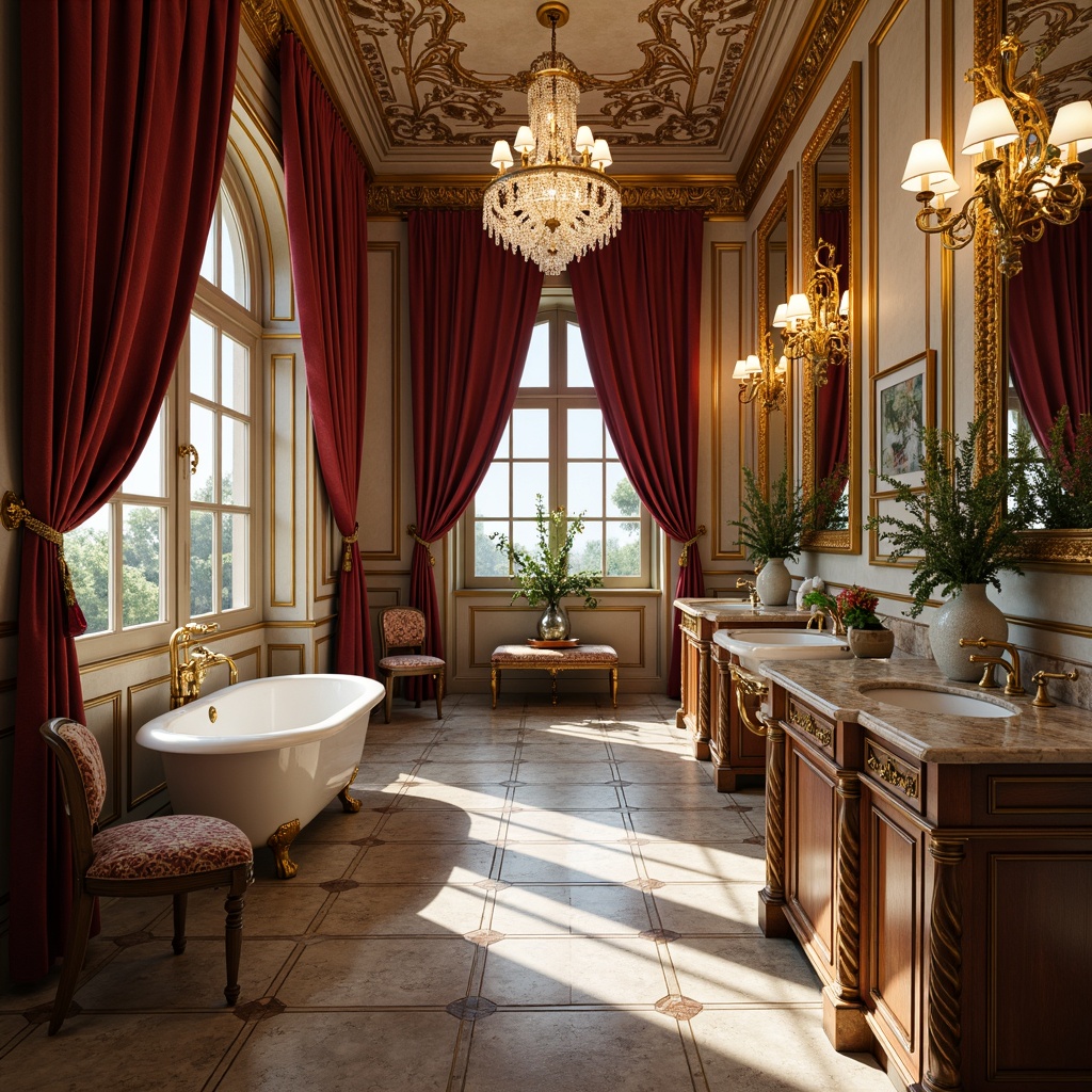 Prompt: Luxurious Renaissance bathroom, ornate golden fixtures, marble countertops, crystal chandeliers, freestanding tubs, velvet drapes, rich wood cabinetry, gilded mirrors, intricate carvings, ornamental plasterwork, soft warm lighting, shallow depth of field, 3/4 composition, realistic textures, ambient occlusion, Renaissance-inspired patterns, lavish fabrics, Baroque-style moldings.