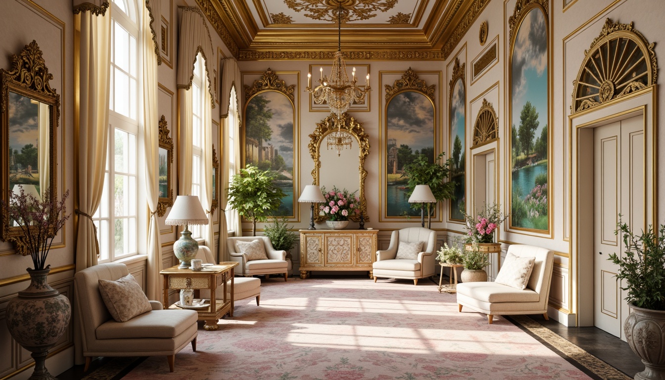 Prompt: Luxurious palace, soft golden lighting, ornate furnishings, delicate porcelain vases, intricate carvings, pastel color scheme, pale pink accents, creamy whites, rich turquoise hues, opulent velvets, heavy drapery, ornamental mirrors, gilded frames, lavish textiles, floral patterns, whimsical curves, French Renaissance inspiration, delicate lace details, soft focus, shallow depth of field, warm color temperature, 1/2 composition, elegant typography.