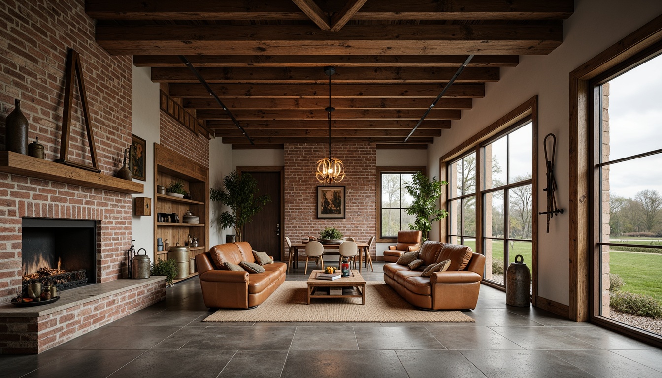 Prompt: Rustic farmhouse, reclaimed wood accents, metal beam ceilings, industrial pendant lighting, exposed brick walls, vintage farm tools, earthy tone color palette, natural stone flooring, distressed leather furniture, wooden crates, galvanized metal decor, modern agricultural equipment, rural landscape views, cloudy sky, soft warm lighting, 1/2 composition, realistic textures, ambient occlusion.