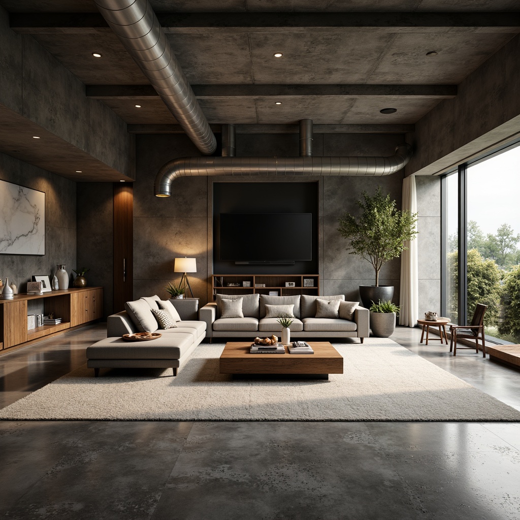 Prompt: Luxurious living room, polished concrete flooring, industrial chic aesthetic, exposed ductwork, sleek minimalist decor, modern low-profile furniture, metallic accents, warm ambient lighting, soft shadows, 1/1 composition, shallow depth of field, realistic textures, ambient occlusion.