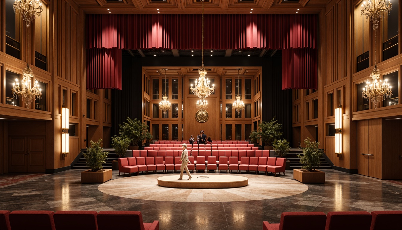 Prompt: Elegant auditorium, transitional style design, rich wood tones, luxurious velvet curtains, ornate gold accents, sophisticated chandeliers, polished marble floors, plush seating areas, grand stage settings, professional lighting systems, acoustic paneling, warm neutral color palette, subtle texture variations, refined architectural details, 1/2 composition, dramatic spotlights, realistic reflections, ambient occlusion.