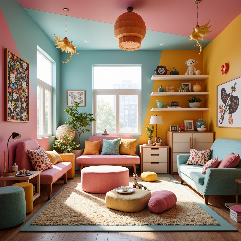 Prompt: Vibrant kids' room, whimsical furniture, bold colorful patterns, irregular shapes, playful textures, soft pastel hues, eclectic decor, oversized toys, suspended shelves, wavy bookcases, rounded desks, chunky chairs, fuzzy rugs, fun geometric patterns, LED lighting installations, futuristic ambiance, shallow depth of field, 1/1 composition, close-up shots, realistic reflections, ambient occlusion.