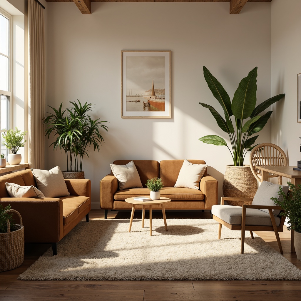 Prompt: Cozy home office, plush area rugs, soft velvet sofas, ergonomic chairs, wooden desks, natural fiber upholstery, woven baskets, potted plants, warm beige walls, creamy white accents, softbox lighting, 1/1 composition, intimate atmosphere, realistic fabric textures, subtle ambient occlusion.