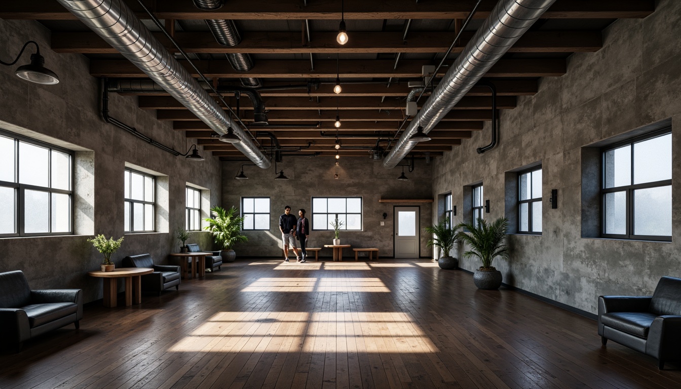 Prompt: Exposed ductwork, industrial chic aesthetic, metal accents, polished chrome pipes, reclaimed wood floors, urban loft atmosphere, high ceilings, concrete walls, minimalist decor, Edison bulb lighting, steel beams, mechanical details, functional simplicity, metallic sheen, cold tone color palette, moody ambiance, dramatic shadows, narrow depth of field, symmetrical composition, low-key lighting.