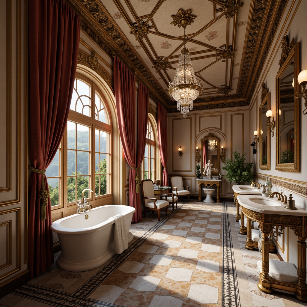 Prompt: Renaissance-style bathroom, ornate golden faucets, intricately carved marble countertops, majestic crystal chandeliers, luxurious velvet drapes, antique bronze door handles, elegant ceramic floor tiles, ornamental flower-patterned wallpaper, soft warm lighting, shallow depth of field, 1/1 composition, realistic textures, ambient occlusion.