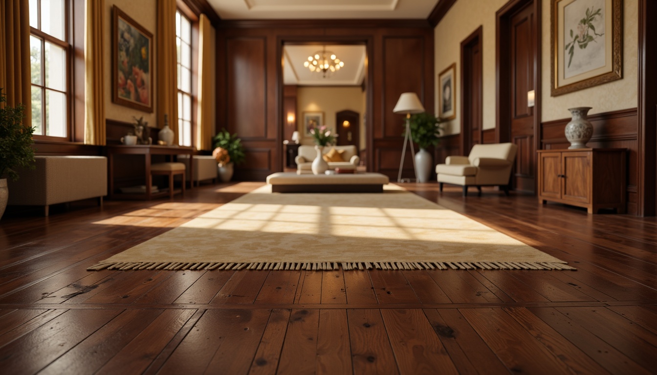 Prompt: Elegant classic interior, hardwood flooring, dark walnut wood, high-gloss finish, ornate inlays, traditional herringbone pattern, luxurious silk rugs, subtle texture contrast, warm beige tones, soft golden lighting, 1/1 composition, shallow depth of field, realistic wood textures, ambient occlusion.