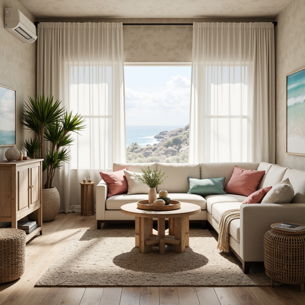 Prompt: Calming coastal ambiance, soft sandy beige, gentle seafoam green, driftwood gray, coral pink accents, natural woven fibers, distressed wood textures, shell-inspired decorative elements, ocean breeze, warm sunlight, billowy white curtains, plush area rugs, comfortable sectional sofas, nautical rope details, subtle navy blue undertones, weathered wooden planks, seaside-inspired artwork, airy open spaces, relaxed casual atmosphere, soft focus, 1/1 composition, natural lighting, realistic wood grain textures.