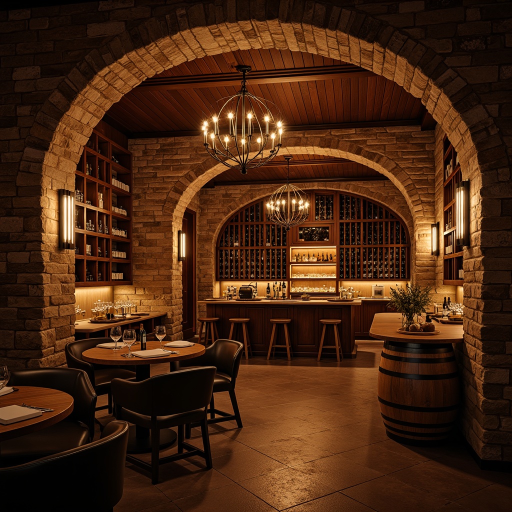 Prompt: Luxurious wine cellar, rich wood tones, stone walls, dimmable lighting, warm golden glow, soft shadows, elegant chandeliers, floor-to-ceiling wine racks, premium glassware, velvety darkness, subtle LED accents, cozy seating areas, rustic brick arches, vintage wine barrels, earthy aromas, intimate ambiance, dramatic spotlights, 1/2 composition, cinematic lighting, atmospheric fog effect.