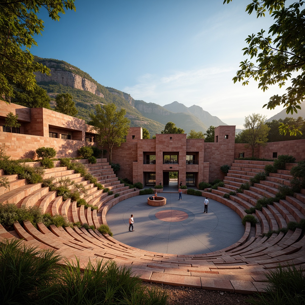 Prompt: Vibrant amphitheater setting, gradient blue skies, warm golden sunlight, rugged stone structures, curved seating areas, lush green foliage, rustic wooden accents, earthy terracotta tones, bold geometric patterns, intricate mosaic details, atmospheric misting effects, shallow depth of field, 1/1 composition, dramatic chiaroscuro lighting, cinematic color grading.