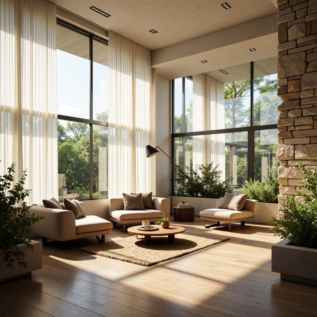 Prompt: Vibrant living room, floor-to-ceiling windows, sheer white curtains, natural stone walls, wooden flooring, minimalist decor, sleek low-profile furniture, greenery-filled planters, morning sunlight, soft warm glow, shallow depth of field, 1/1 composition, realistic textures, ambient occlusion.