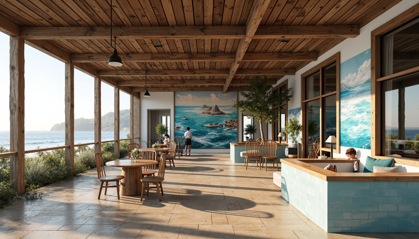 Prompt: Weathered wood planks, driftwood-inspired accents, ocean-blue tiles, sandy beige concrete, natural stone flooring, sea-glass mosaics, rustic metal trim, nautical-themed signage, coastal landscape murals, large windows, sliding glass doors, sunny day, soft warm lighting, shallow depth of field, 3/4 composition, panoramic view, realistic textures, ambient occlusion.Please let me know if this meets your requirements!