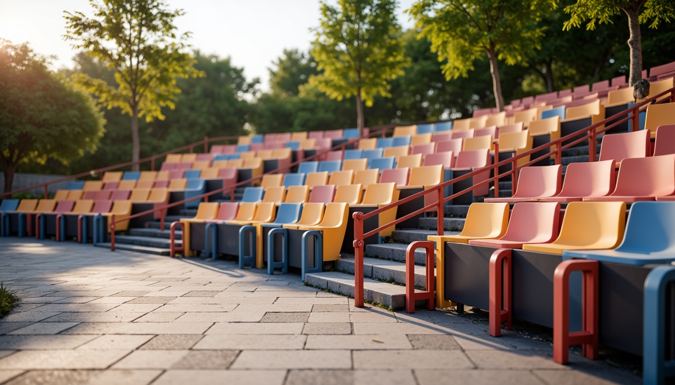 Prompt: Modern amphitheater seating, curved rows, vibrant color schemes, sleek metal frames, ergonomic chair designs, adjustable armrests, built-in USB ports, acoustic sound systems, minimalist aesthetics, open-air auditorium, natural stone flooring, lush greenery surroundings, sunny day, soft warm lighting, shallow depth of field, 3/4 composition, panoramic view, realistic textures, ambient occlusion.