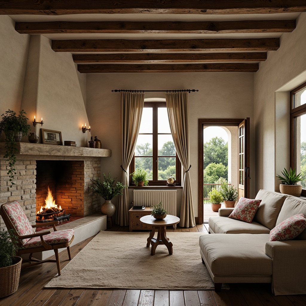 Prompt: Rustic French country cottage, distressed wooden beams, stone fireplace, vintage furniture, floral patterned upholstery, soft candlelight, warm earthy tones, natural linen fabrics, woven baskets, potted greenery, antique decorative items, aged copper accents, reclaimed wood flooring, plush area rugs, cozy reading nooks, lush surrounding gardens, serene countryside views, gentle morning light, soft focus, 1/1 composition, intimate atmosphere.