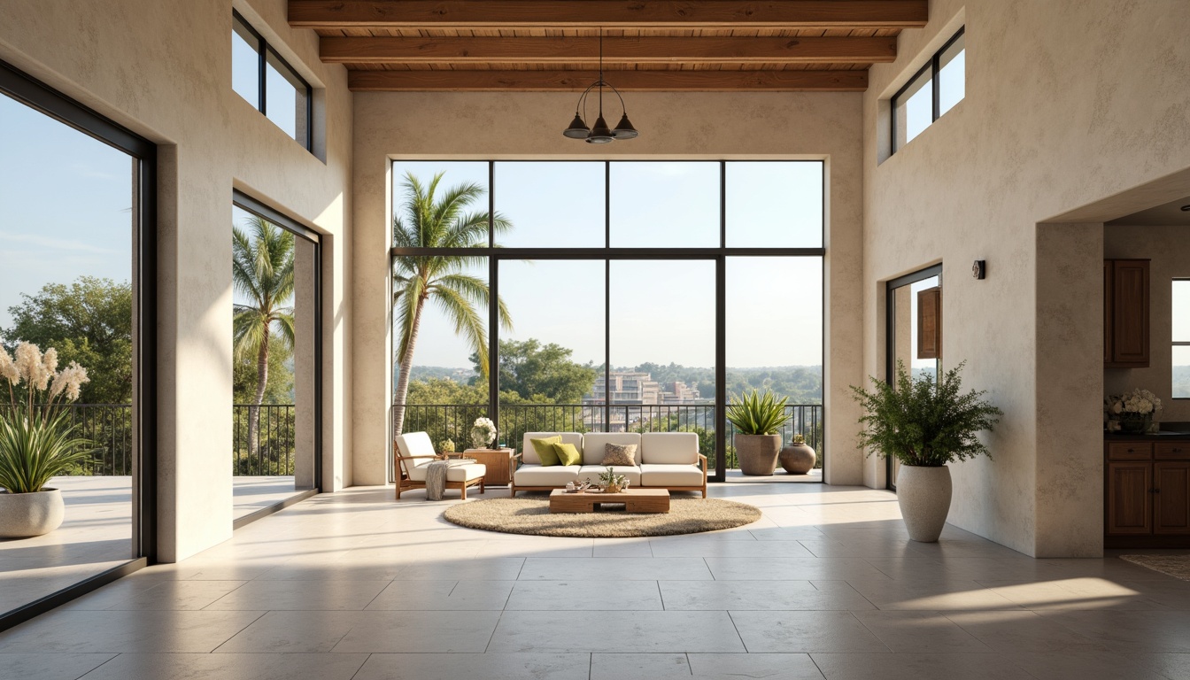 Prompt: Spacious great room, high ceilings, floor-to-ceiling windows, sliding glass doors, natural stone flooring, neutral color palette, reflective surfaces, minimal obstructions, airy atmosphere, abundant daylight, soft warm lighting, gentle shadows, 1/1 composition, shallow depth of field, realistic textures, ambient occlusion.