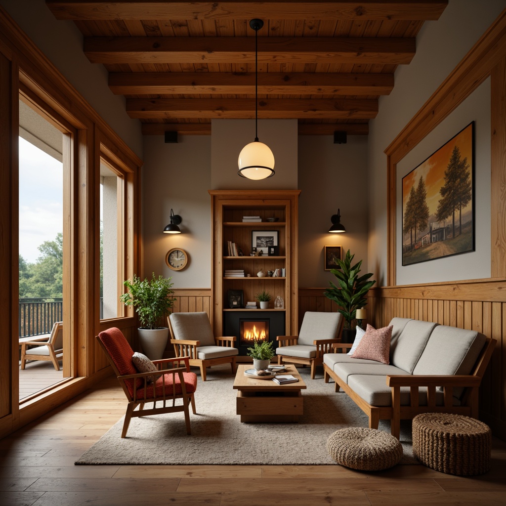 Prompt: Cozy student lounge, warm wood accents, rustic wooden furniture, plush cushions, earthy color palette, natural textiles, traditional craftsman style, wooden paneling, exposed beams, vintage decorative items, antique fixtures, soft warm lighting, shallow depth of field, 1/1 composition, intimate atmosphere, realistic wood grain textures, ambient occlusion.