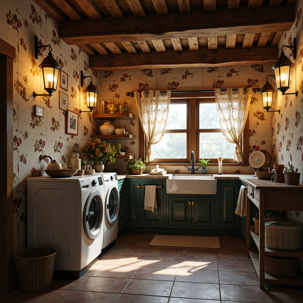 Prompt: Rustic laundry room, soft warm lighting, vintage metal lanterns, distressed wooden beams, natural stone walls, earthy tone colors, floral patterns, delicate lace curtains, antique washing machines, woven baskets, ceramic tiles, farmhouse sink, ornate metal faucets, softbox lights, ambient glow, 3/4 composition, shallow depth of field.