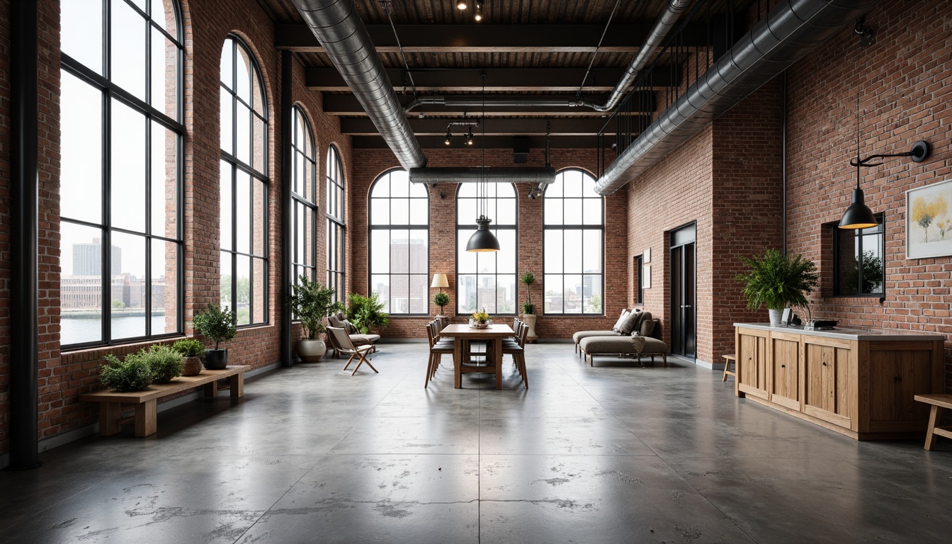 Prompt: Exposed brick walls, metal beams, industrial lighting fixtures, reclaimed wood accents, polished concrete floors, modern minimalist decor, urban loft atmosphere, large windows, cityscape views, steel pipes, mechanical equipment, distressed finishes, functional design elements, utilitarian aesthetic, neutral color palette, high ceilings, open space layout, natural light pouring in, soft box lighting, shallow depth of field, 1/1 composition, realistic textures.