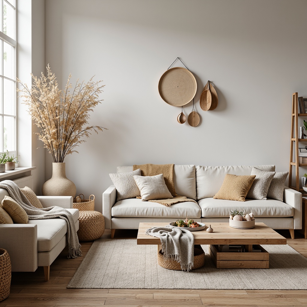 Prompt: Cozy Scandinavian living room, plush throw blankets, woven baskets, natural fibers, soft pastel colors, minimalist decor, Nordic-inspired patterns, geometric shapes, comfortable sofas, wooden accents, earthy tones, warm lighting, rustic textures, 1/1 composition, intimate atmosphere, realistic materials, ambient occlusion.