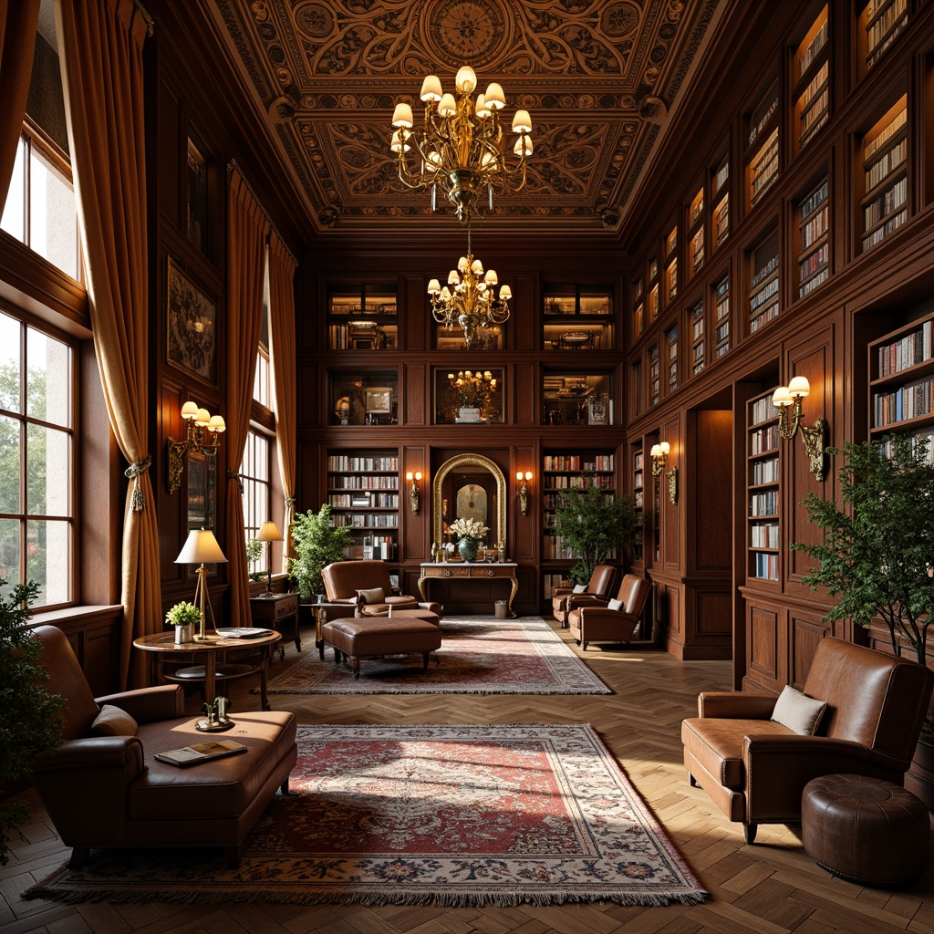 Prompt: Luxurious bookstore interior, rich wood tones, ornate carvings, golden accents, velvet drapes, grand chandeliers, intricately patterned rugs, herringbone parquet flooring, polished marble surfaces, distressed leather armchairs, vintage bookshelves, ornamental mirrors, warm candlelight, soft warm colors, atmospheric shadows, 1/2 composition, low-angle shot, cinematic lighting, realistic textures, ambient occlusion.