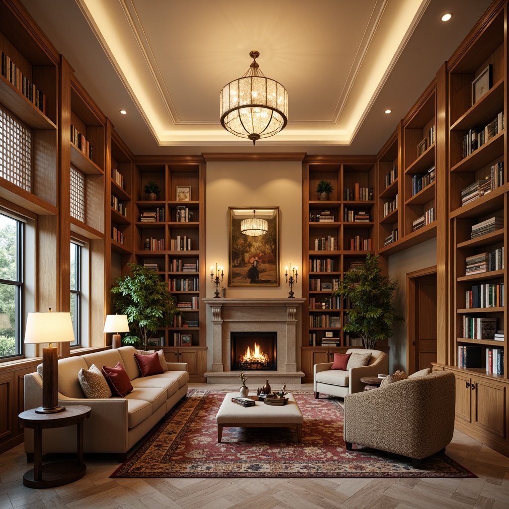 Prompt: Warm transitional library, rich wood accents, comfortable reading nooks, floor-to-ceiling bookshelves, plush area rugs, warm beige walls, soft cream-colored ceilings, elegant chandeliers, table lamps, cozy fireplace, natural stone flooring, built-in shelving units, classic moldings, subtle color palette, calming atmosphere, soft box lighting, warm floor lighting, layered lighting effects, 1/2 composition, shallow depth of field, realistic textures, ambient occlusion.