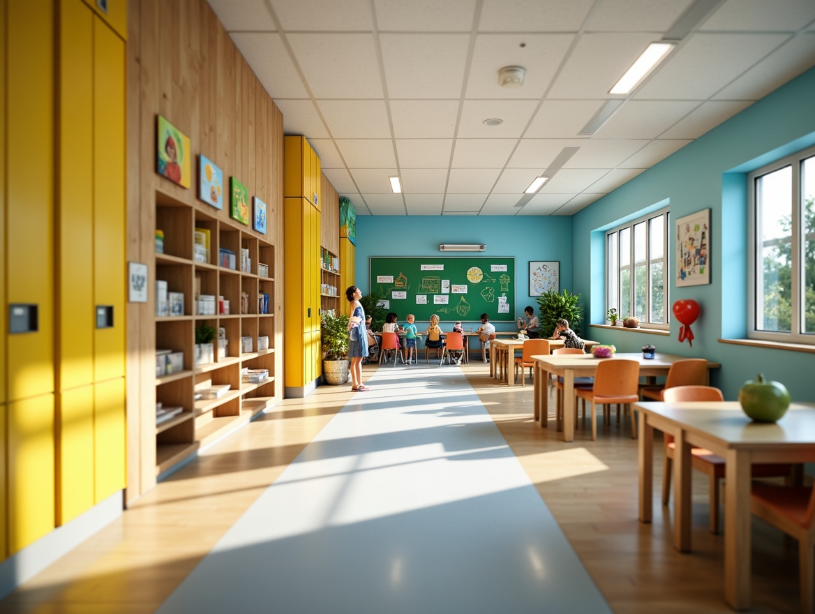 Prompt: Vibrant elementary school, playful corridors, bright yellow lockers, soft blue walls, green educational boards, colorful classrooms, ergonomic furniture, kid-friendly artwork, interactive display cases, natural wood accents, modern lighting fixtures, energetic atmosphere, warm sunny day, shallow depth of field, 1/1 composition, realistic textures.