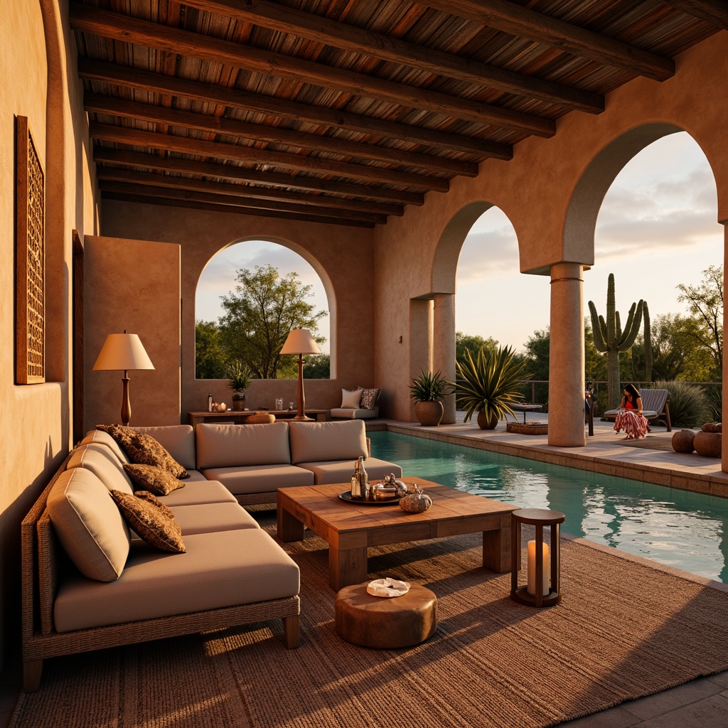 Prompt: Warm desert ambiance, rustic wooden accents, earthy terracotta tones, vibrant turquoise hues, woven textiles, natural fiber rugs, pendant lanterns, candles, warm golden lighting, soft shadows, ambient glow, dramatic sunset views, cacti silhouettes, adobe-inspired architecture, curved lines, organic shapes, cozy nooks, intimate gathering spaces, warm beige stucco walls, wooden ceiling beams, rustic metal fixtures, desert flora patterns, geometric tile work.