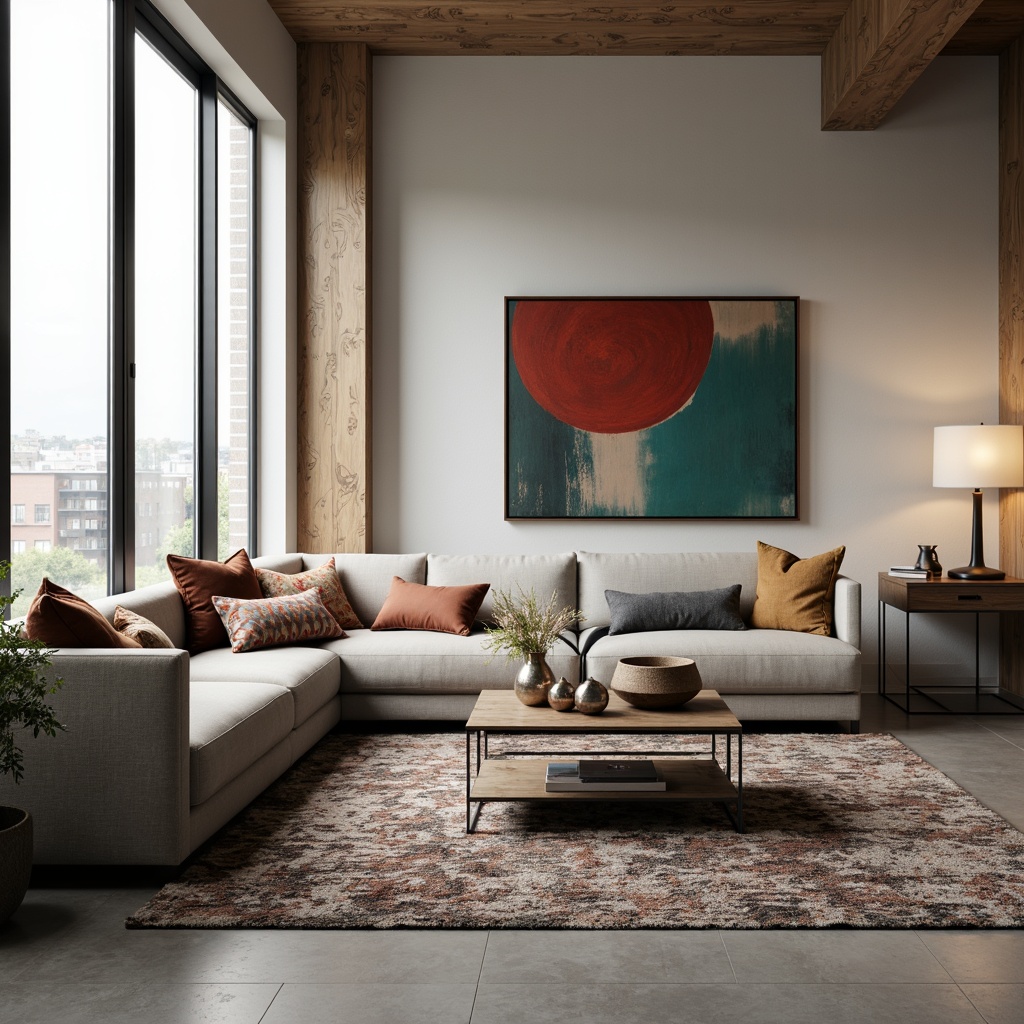 Prompt: Minimalist living room, sleek modern sofa, abstract patterned rug, textured throw pillows, industrial chic coffee table, metallic accents, geometric-shaped decorative objects, floor-to-ceiling windows, natural light pouring in, soft warm ambiance, shallow depth of field, 3/4 composition, realistic textures, ambient occlusion, bold colored artwork, graphic prints, luxurious velvet fabrics, smooth leather upholstery, subtle sheen finishes, neutral color palette, urban loft atmosphere.