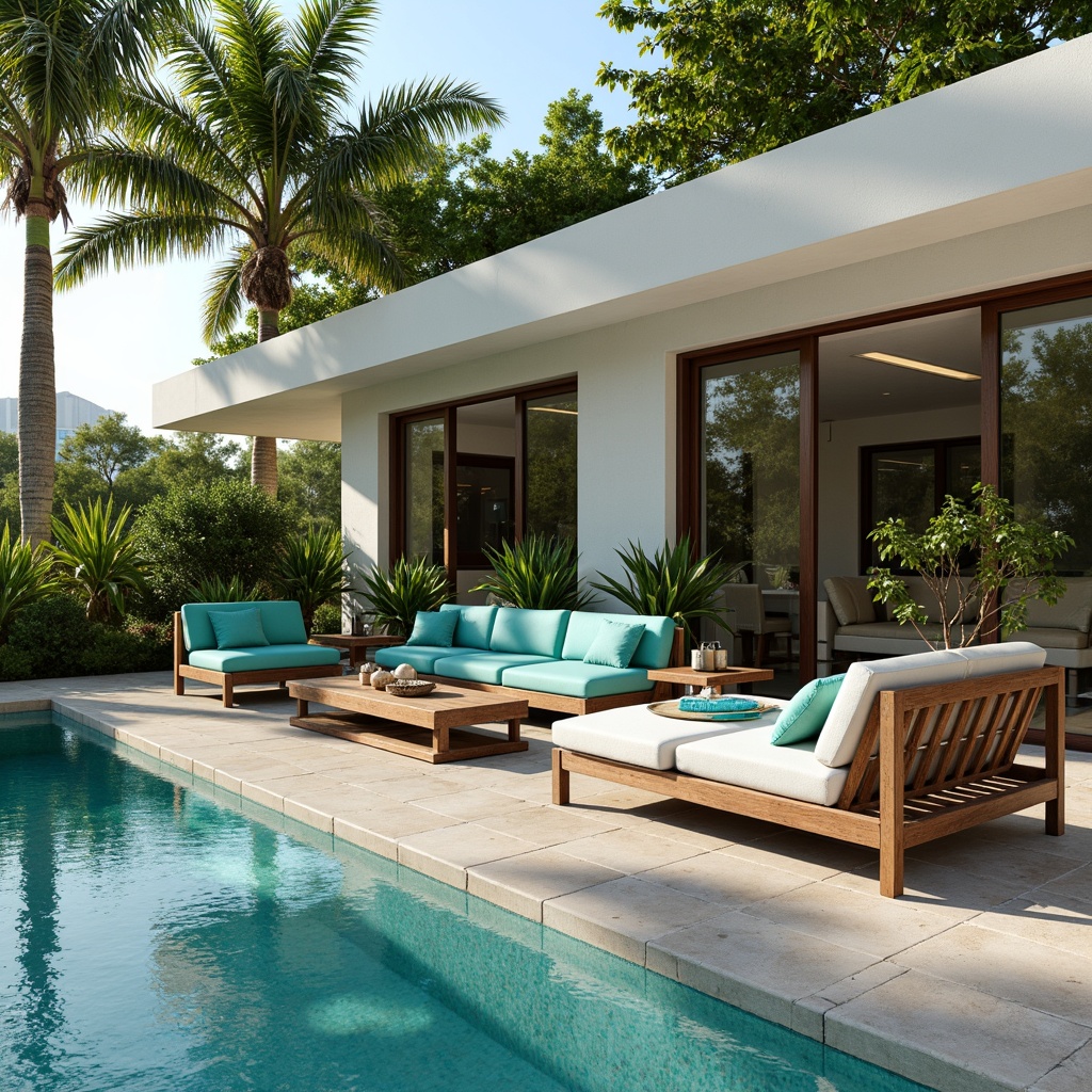 Prompt: Luxurious poolside setting, sleek modern furniture, minimalist aluminum frames, comfortable outdoor sofas, vibrant turquoise cushions, rustic wooden accents, natural stone flooring, lush greenery surroundings, palm trees, sunny day, warm soft lighting, shallow depth of field, 3/4 composition, panoramic view, realistic textures, ambient occlusion.