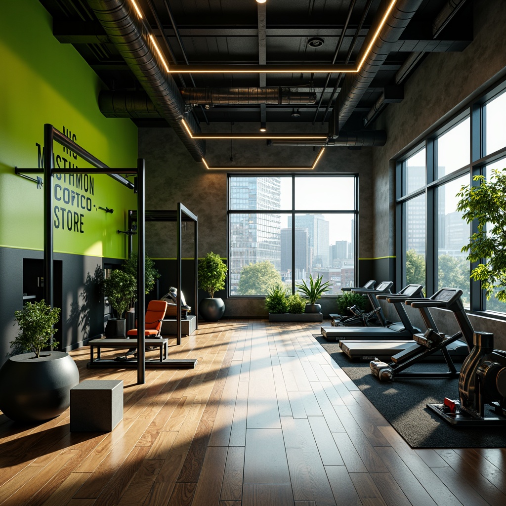 Prompt: Vibrant fitness studio, industrial-chic interior design, bold color scheme, neon green accents, dark grey tones, polished metal equipment, sleek wooden floors, modern LED lighting, motivational quotes, urban cityscape views, morning sunlight, shallow depth of field, 1/2 composition, realistic textures, ambient occlusion.