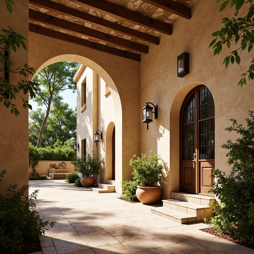 Prompt: Rustic archways, weathered stone walls, ornate iron gates, lush greenery, vibrant bougainvillea, terracotta pots, classic Mediterranean architecture, warm beige stucco, curved lines, rustic wooden doors, wrought iron lanterns, sunny day, soft warm lighting, shallow depth of field, 3/4 composition, panoramic view, realistic textures, ambient occlusion.