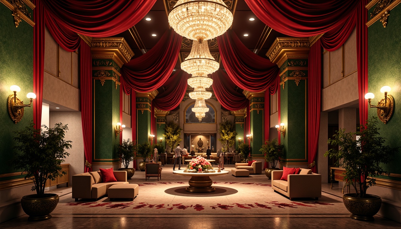 Prompt: Rich velvety reds, deep emerald greens, luxurious gold accents, ornate bronze details, intricate stucco patterns, flowing organic lines, majestic crystal chandeliers, lavish silk fabrics, ornamental ironworks, opulent marble floors, grandiose high ceilings, dramatic spotlights, warm golden lighting, subtle texture overlays, 1/2 composition, cinematic camera angles, realistic reflective surfaces.