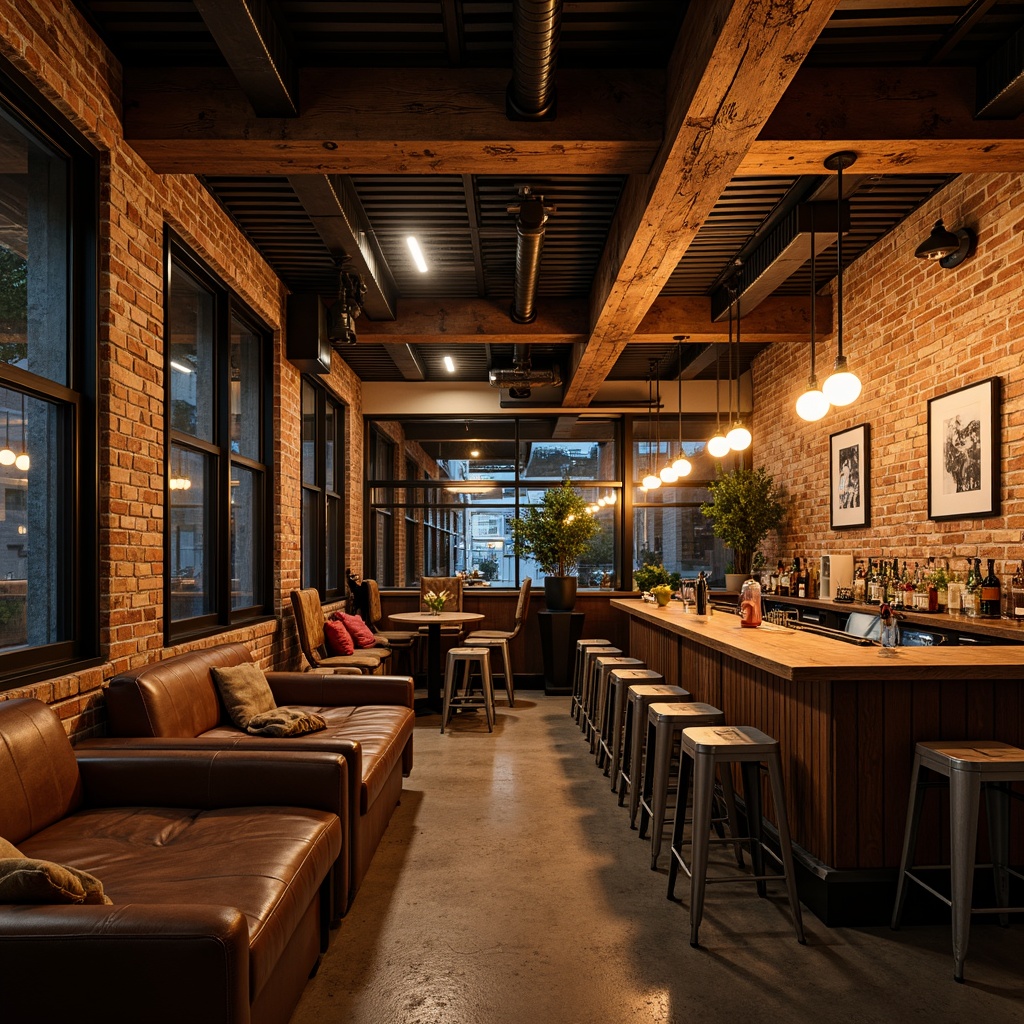 Prompt: Rustic bar interior, exposed brick walls, industrial metal beams, reclaimed wood accents, vintage factory windows, distressed leather sofas, metallic bar stools, Edison bulb lighting, concrete floors, urban cityscape views, night-time ambiance, warm golden lighting, shallow depth of field, 1/2 composition, realistic textures, ambient occlusion.