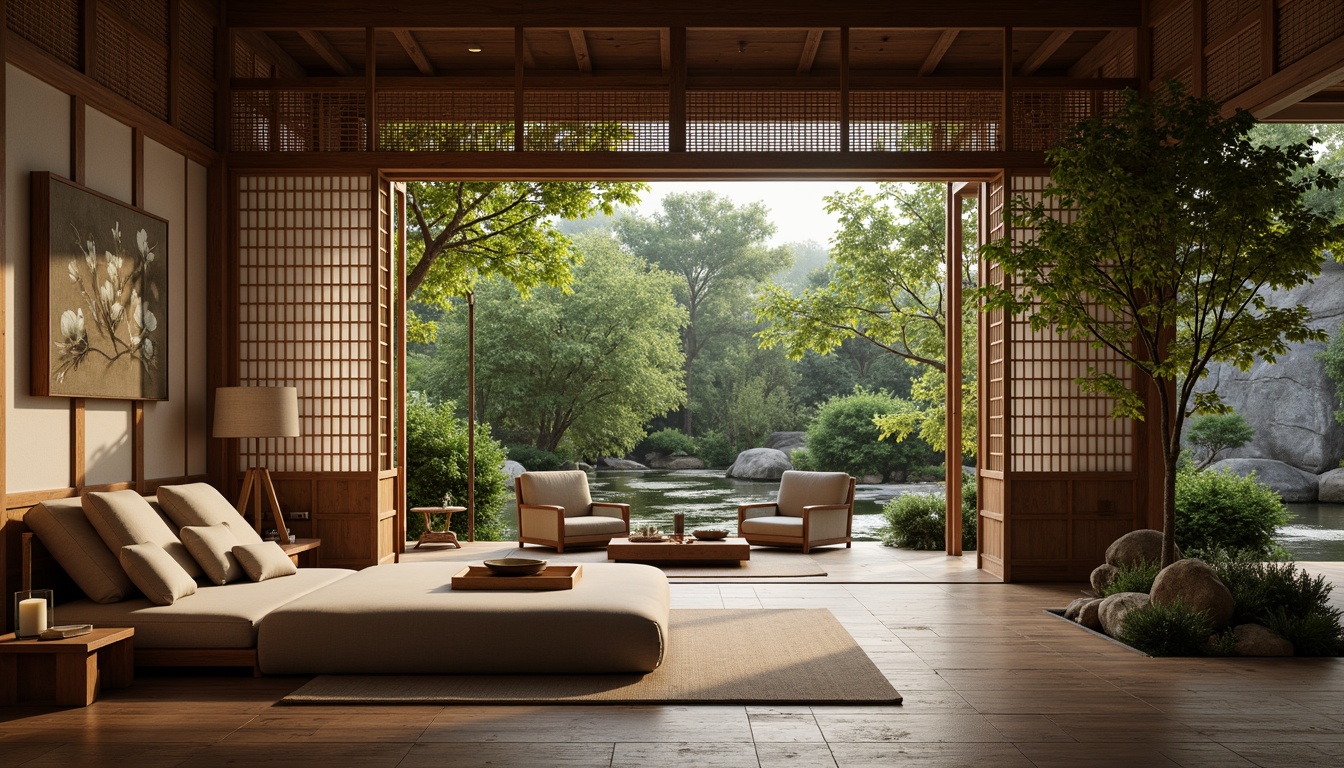 Prompt: Intricate shoji screens, natural wood accents, woven bamboo textures, hand-painted silk fabrics, subtle rice paper patterns, minimalist stone walls, serene water features, lush greenery, warm candlelight, shallow depth of field, 1/1 composition, realistic wood grains, ambient occlusion.