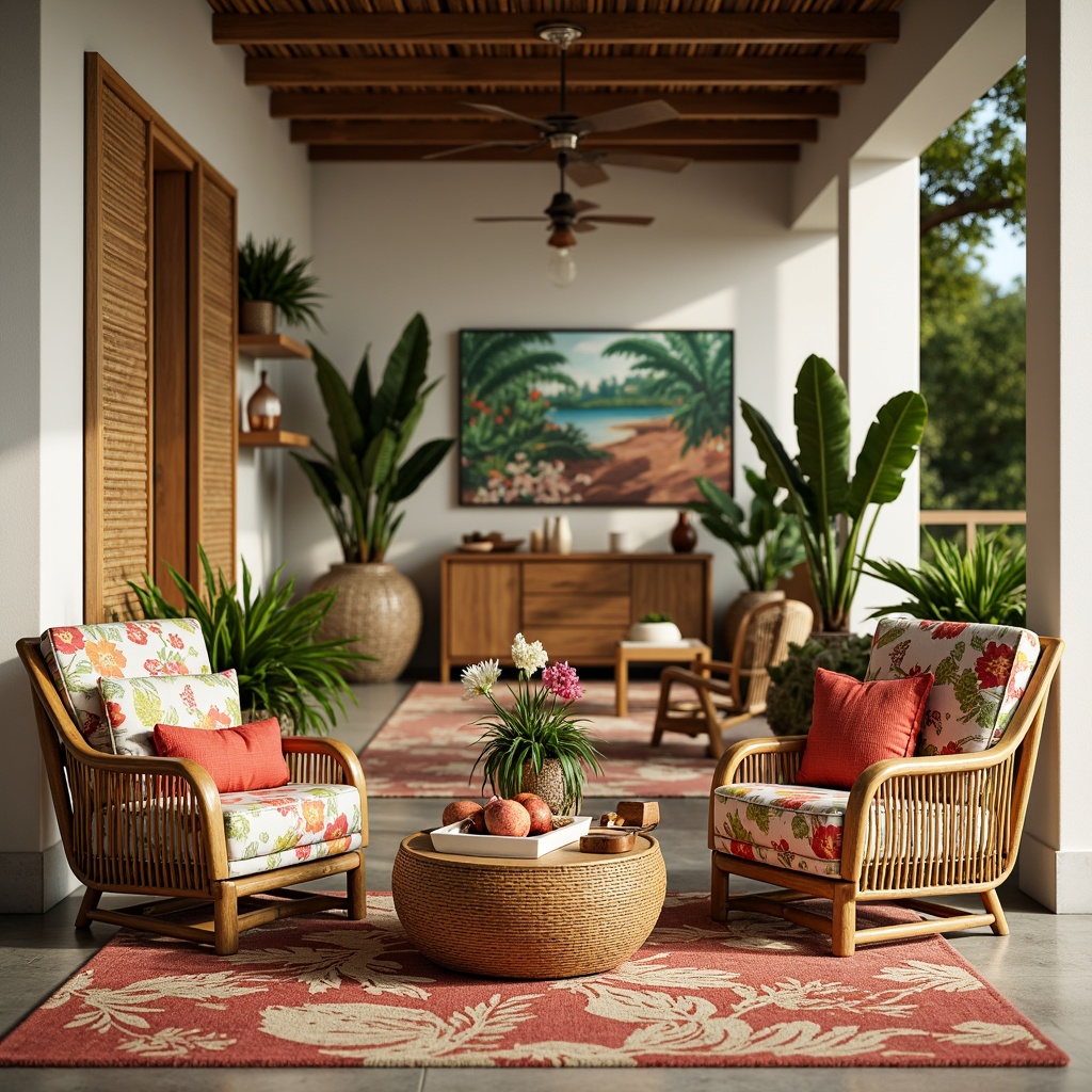 Prompt: Rattan armchairs, wicker coffee tables, palm tree-inspired decor, vibrant floral patterns, colorful tassel pillows, natural fiber rugs, reclaimed wood shelves, woven bamboo screens, tropical leaf-shaped planters, bright coral-colored accents, sunny daylight, warm ambient lighting, shallow depth of field, 3/4 composition, panoramic view, realistic textures, ambient occlusion.