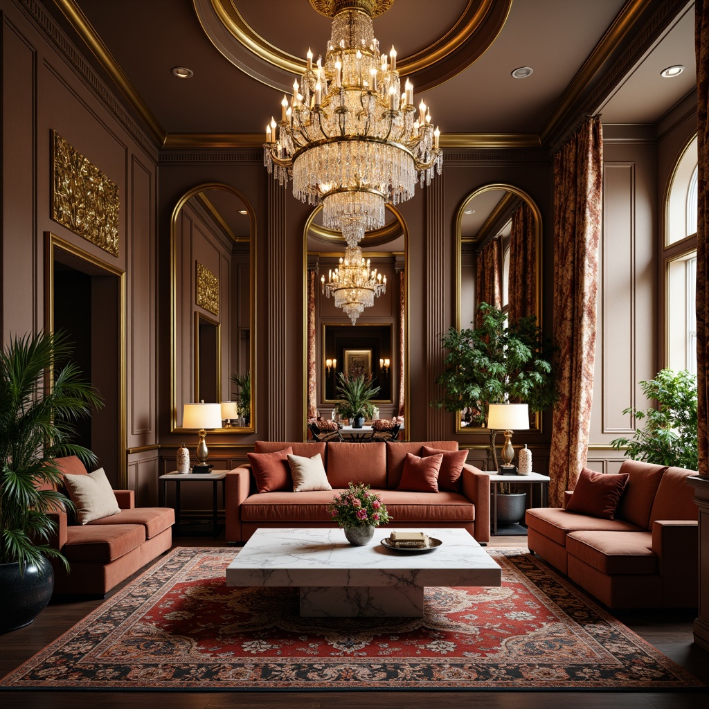 Prompt: Luxurious living room, velvet sofas, marble coffee tables, ornate mirrors, crystal chandeliers, patterned rugs, rich wood paneling, golden accents, lavish curtains, elegant vases, exotic plants, soft warm lighting, shallow depth of field, 1/1 composition, realistic textures, ambient occlusion.