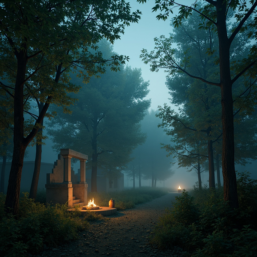 Prompt: Mystical forest, twinkling fireflies, soft warm glow, misty fog, eerie silence, ancient trees, gnarled branches, overgrown underbrush, abandoned ruins, mystical artifacts, flickering torches, lanterns, shimmering moonlight, starry night sky, subtle color grading, high contrast ratio, cinematic ambiance, dramatic shadows, volumetric lighting, god rays, lens flares, warm color palette, atmospheric scattering.