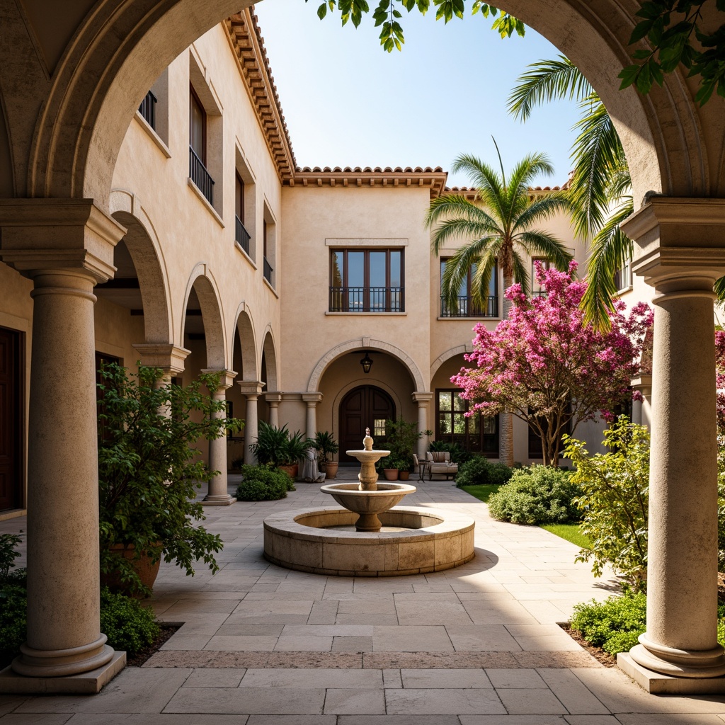 Prompt: Elegant courthouse building, grand archways, rustic stone columns, ornate iron gates, vibrant bougainvillea flowers, sun-kissed stucco walls, terracotta roof tiles, tranquil courtyard fountain, lush greenery, warm beige color scheme, soft natural lighting, shallow depth of field, 3/4 composition, symmetrical architecture, classical Mediterranean style, refined details, ornate decorations, realistic textures, ambient occlusion.