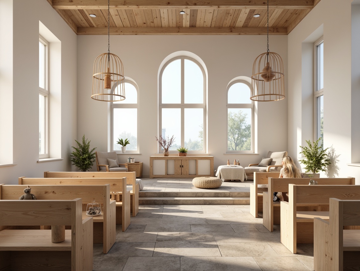 Prompt: Light-filled Scandinavian church interior, minimalistic wooden pews, simple altar design, rustic stone floors, Nordic-inspired wooden accents, functional furniture pieces, cozy reading nooks, warm candle lighting, soft pastel color palette, natural textiles, woven baskets, wooden cross decorations, elegant chandeliers, serene atmosphere, shallow depth of field, 1/1 composition, realistic wood textures, ambient occlusion.