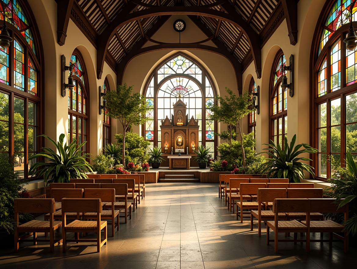 Prompt: Vibrant tropical flowers, lush greenery, natural wood pews, woven rattan chairs, colorful tiffany windows, stained glass ceilings, vaulted roofs, ornate wooden altars, intricate carvings, polished stone floors, warm golden lighting, soft misty atmosphere, 1/1 composition, intimate portrait view, realistic textures, ambient occlusion.