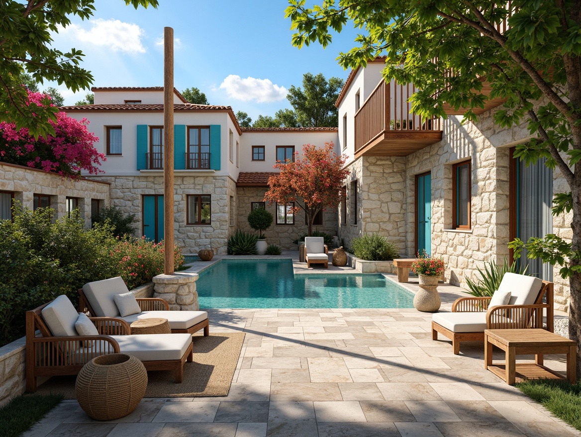 Prompt: Warm sunny day, turquoise waters, rustic stone walls, terracotta roofs, vibrant bougainvillea, lemon trees, bright blue shutters, distressed wood accents, colorful ceramic tiles, woven rattan furniture, natural linen fabrics, soft warm lighting, shallow depth of field, 3/4 composition, panoramic view, realistic textures, ambient occlusion.