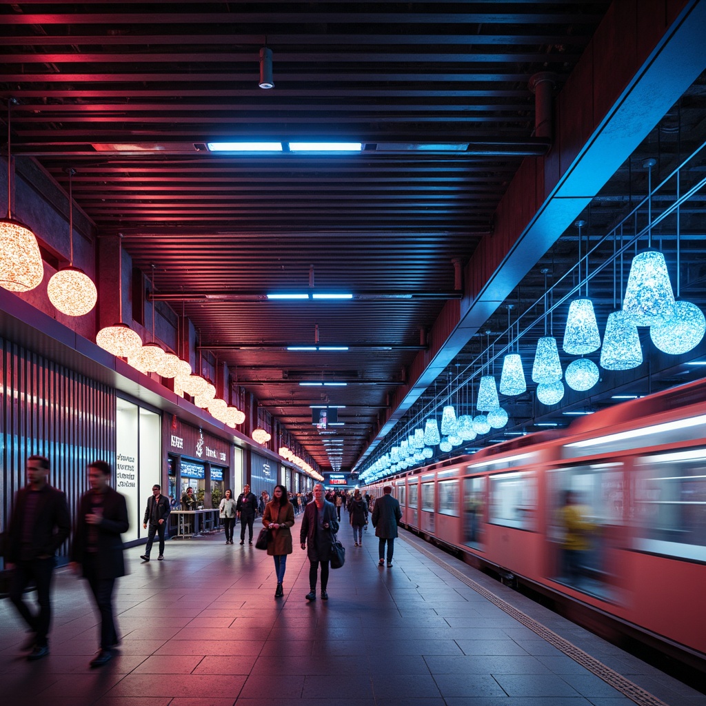 Prompt: Vibrant metro station, futuristic architecture, sleek metal beams, polished concrete floors, modern LED lighting fixtures, suspended geometric lanterns, glowing orbs, neon strips, colorful acrylic tubes, dynamic ambient lighting, shallow depth of field, 1/1 composition, realistic textures, ambient occlusion, urban atmosphere, rush hour scene, busy commuters, electric trains, motion blur effect.